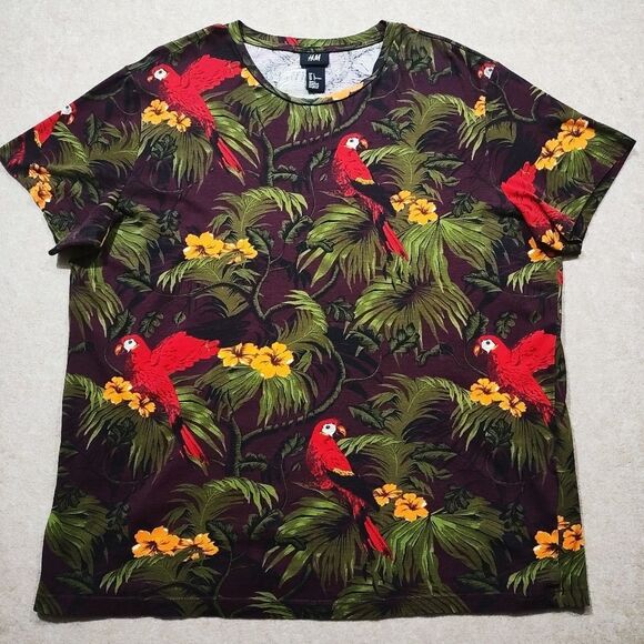 H&M Tropical Parrot Floral Palm Print Short Sleeve Mens T-Shirt #5 - Picture 1 of 5